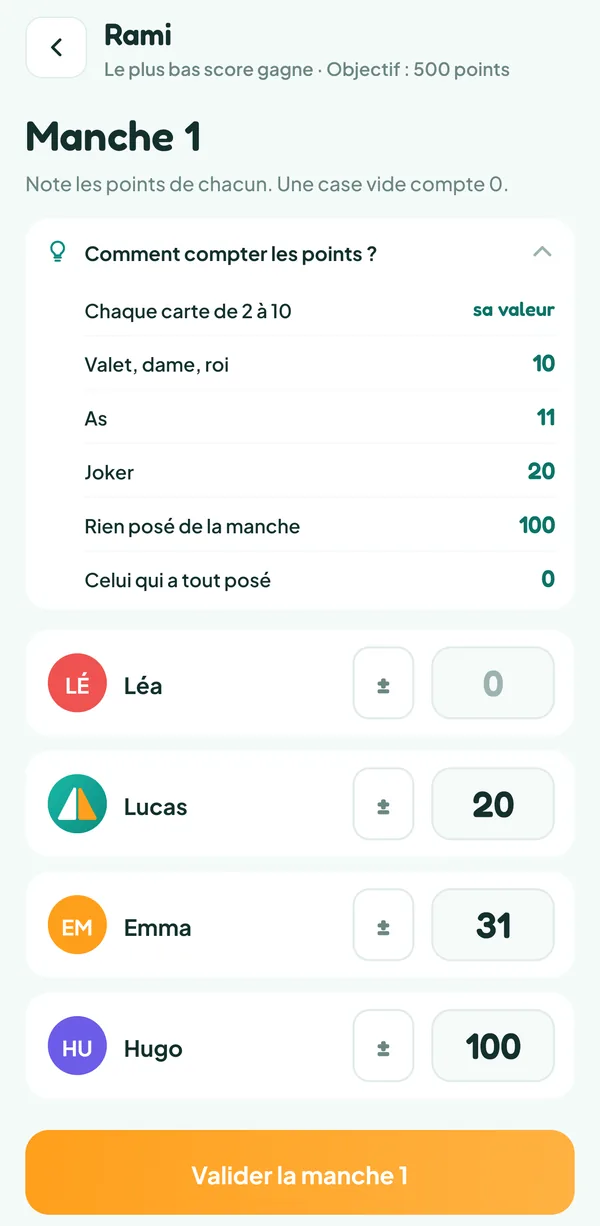 Écran de Teamzy : saisie de la manche 1 du Rami, avec la valeur des cartes et les points de Lucas, Emma et Hugo