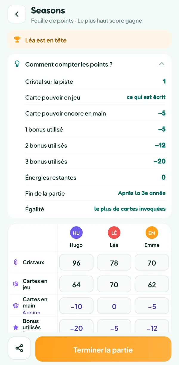 Écran de Teamzy : l'aide « Comment compter les points ? » de Seasons, avec la valeur de chaque catégorie et les malus des bonus