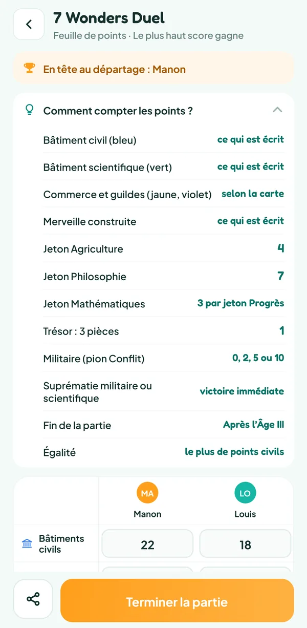 Écran de Teamzy : l'aide « Comment compter les points ? » de 7 Wonders Duel, avec les points de chaque catégorie et la victoire immédiate