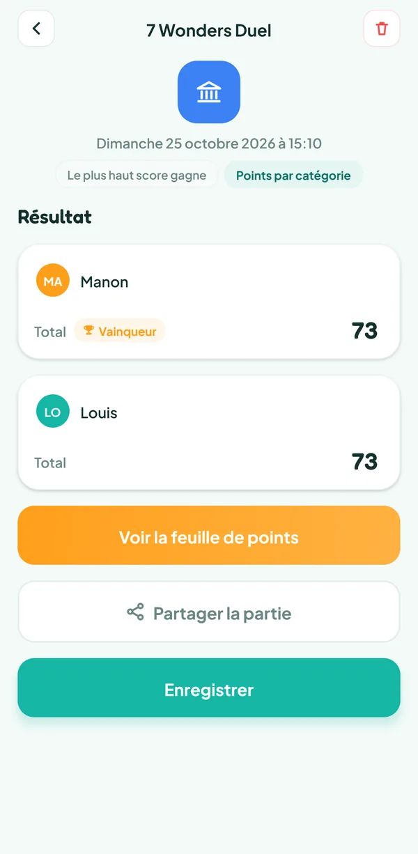Écran de Teamzy : le résultat de la partie de 7 Wonders Duel, Manon vainqueur au départage, à égalité avec Louis à 73 points