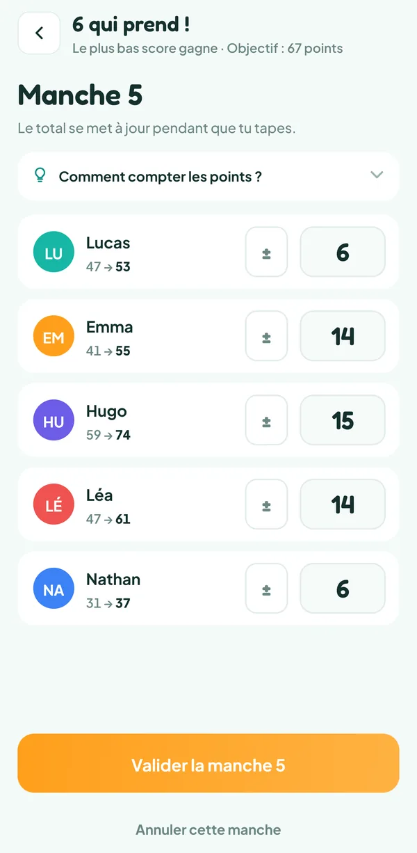 Écran de Teamzy : la manche 5 d'une partie de 6 qui prend ! en cours de saisie, 6 têtes de bœuf pour Lucas, 14 pour Emma, 15 pour Hugo, 14 pour Léa et 6 pour Nathan