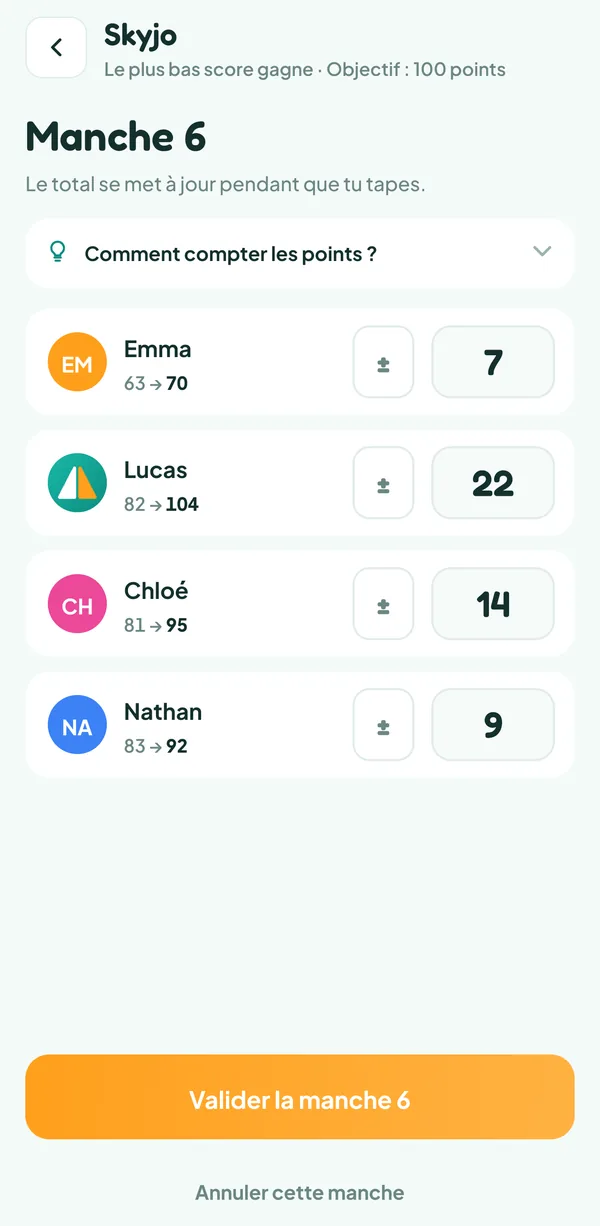Écran de Teamzy : saisie de la manche 6 du Skyjo, Lucas a fini avec 11 points, doublés en 22, et passe à 104