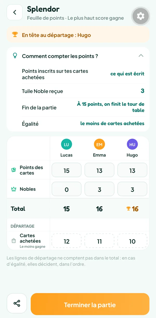 Écran de Teamzy : l'aide « Comment compter les points ? » de Splendor, avec les points des cartes, la valeur d'un noble, la fin à 15 points et l'égalité