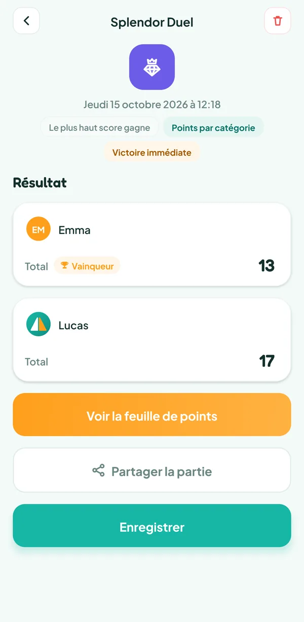 Écran de Teamzy : la partie de Splendor Duel dans l'historique, gagnée par Emma par victoire immédiate