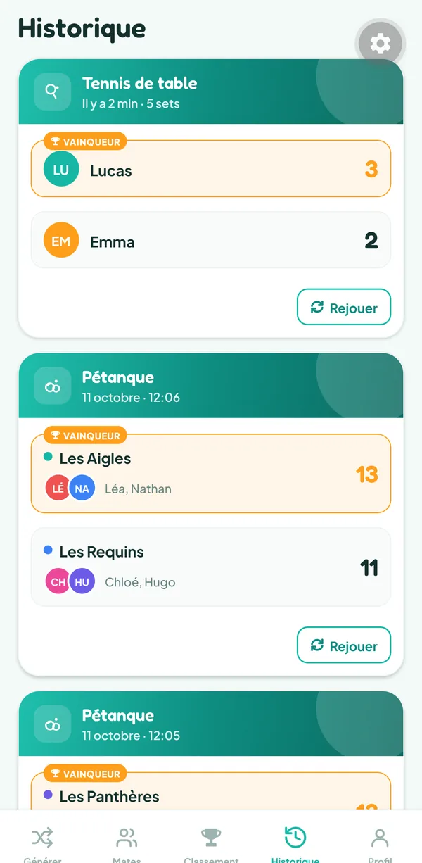 Écran de Teamzy : fin d'une partie de tennis de table, Lucas gagne 3 sets à 2 contre Emma