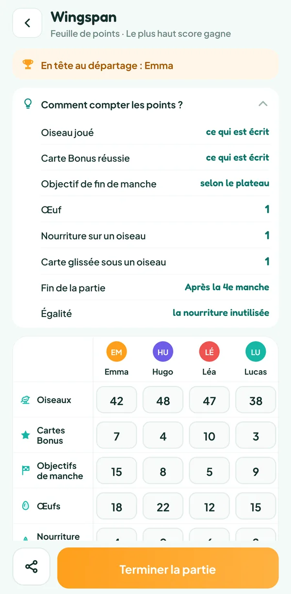 Écran de Teamzy : l'aide « Comment compter les points ? » de Wingspan, avec la valeur des oiseaux, des cartes Bonus, des objectifs, des œufs, de la nourriture et des cartes glissées