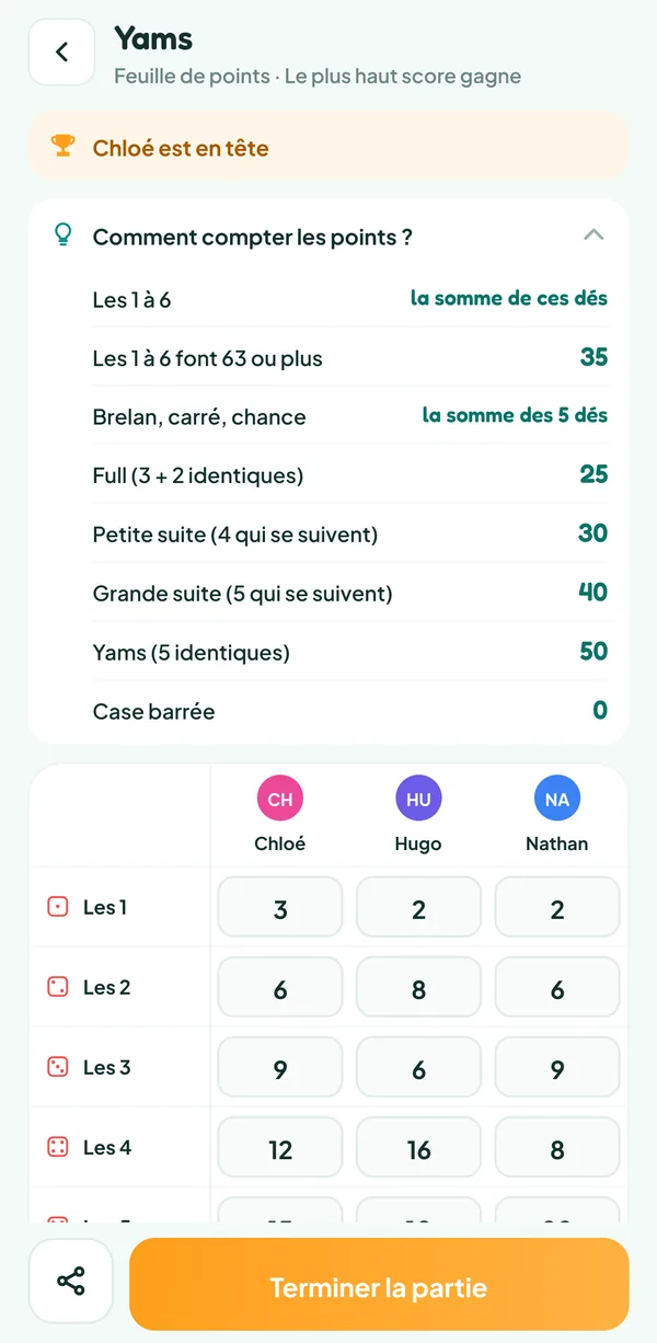 Écran de Teamzy : l'aide « Comment compter les points ? » du Yams, ouverte au-dessus de la feuille