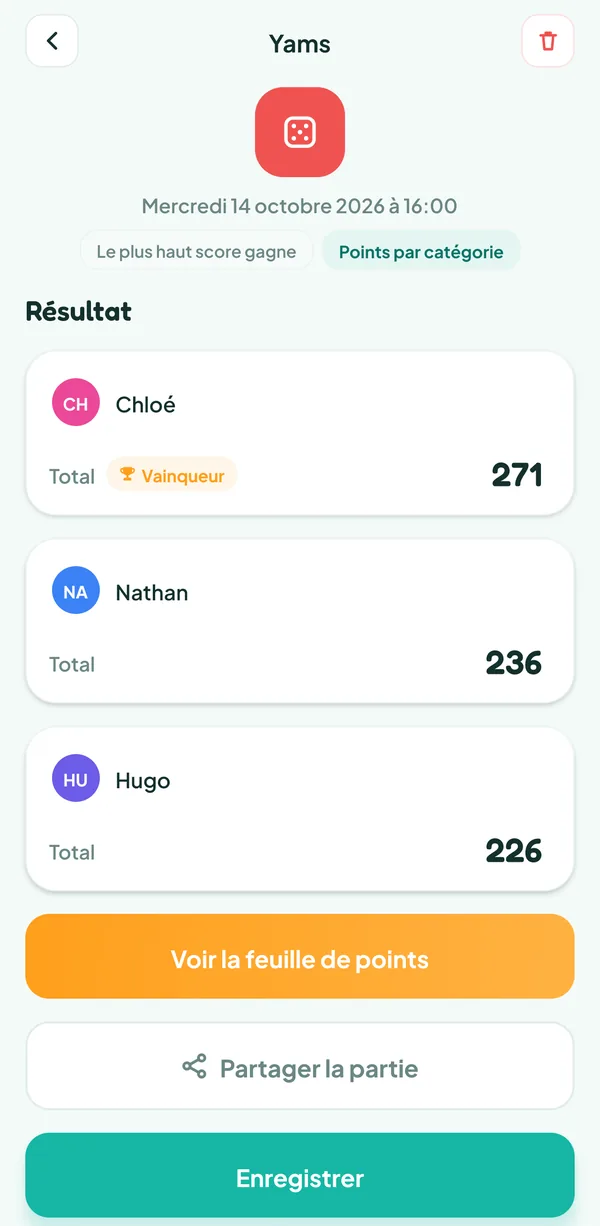 Écran de Teamzy : la partie de Yams dans l'historique, Chloé gagne avec 271 points devant Nathan (236) et Hugo (226)