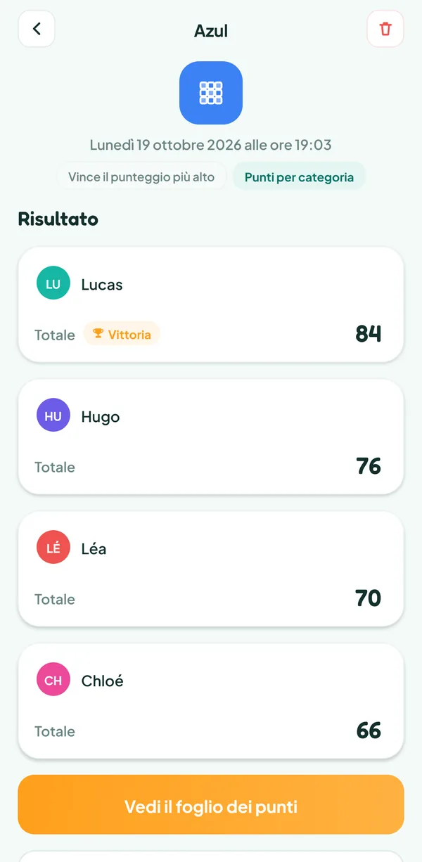 Schermata di Teamzy: la partita di Azul nella cronologia, vinta da Lucas