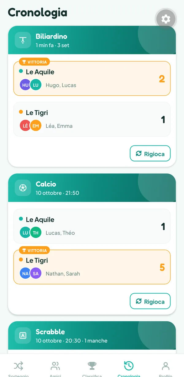 Schermata di Teamzy: la partita a biliardino nella cronologia, Le Aquile (Lucas, Hugo) vincono 2 set a 1 contro Le Tigri (Emma, Léa)