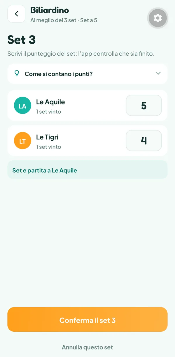 Schermata di Teamzy: inserimento del set 3 di una partita a biliardino, Le Aquile 5 e Le Tigri 4, set e partita per Le Aquile