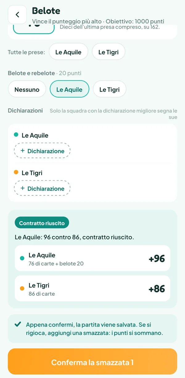 Schermata di Teamzy: contratto riuscito per le Aquile grazie alla belote, 96 punti contro 86
