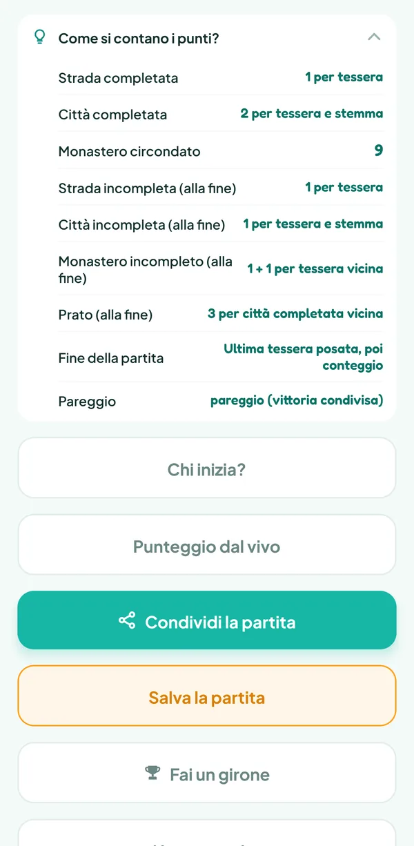 Schermata di Teamzy: l'aiuto "Come si contano i punti?" di Carcassonne, con il valore di strade, città e monasteri, completati o incompleti, e dei prati