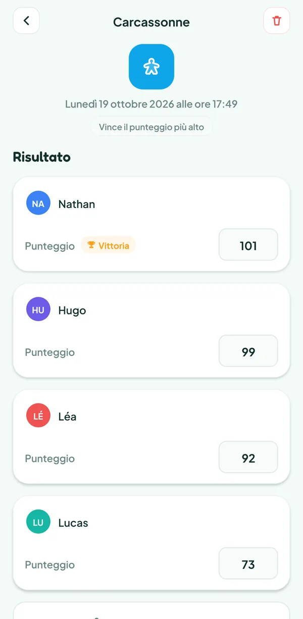 Schermata di Teamzy: la partita a Carcassonne nella cronologia, vinta da Nathan con 101 punti