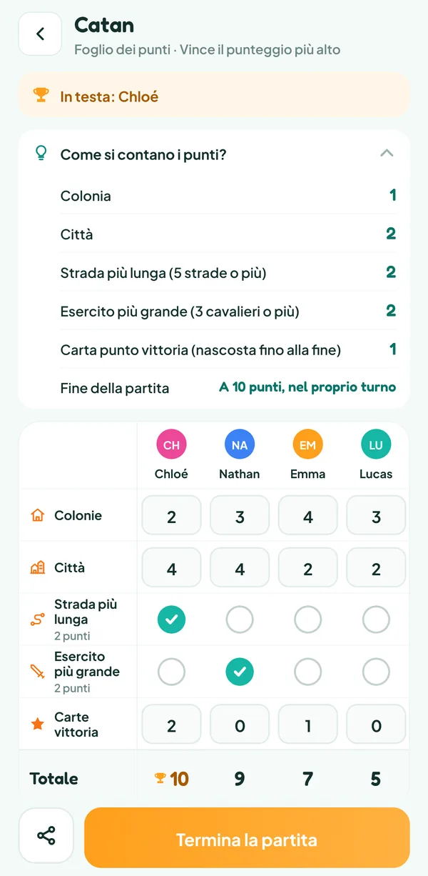 Schermata di Teamzy: l'aiuto "Come si contano i punti?" di Catan, con il valore delle colonie, delle città, delle due carte speciali e delle carte punto vittoria