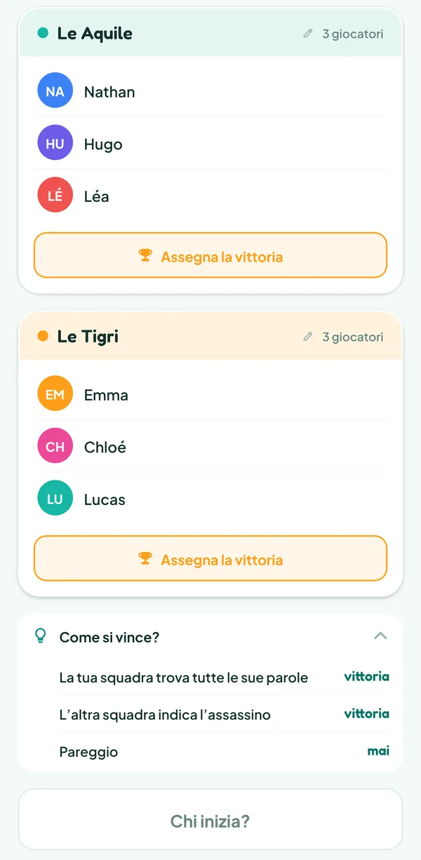 Schermata di Teamzy: l'aiuto "Come si vince?" di Nome in Codice: la tua squadra trova tutte le sue parole o l'altra squadra indica l'assassino, vittoria in entrambi i casi, mai un pareggio