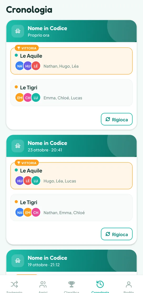 Schermata di Teamzy: la partita di Nome in Codice nella cronologia, vinta dalle Aquile
