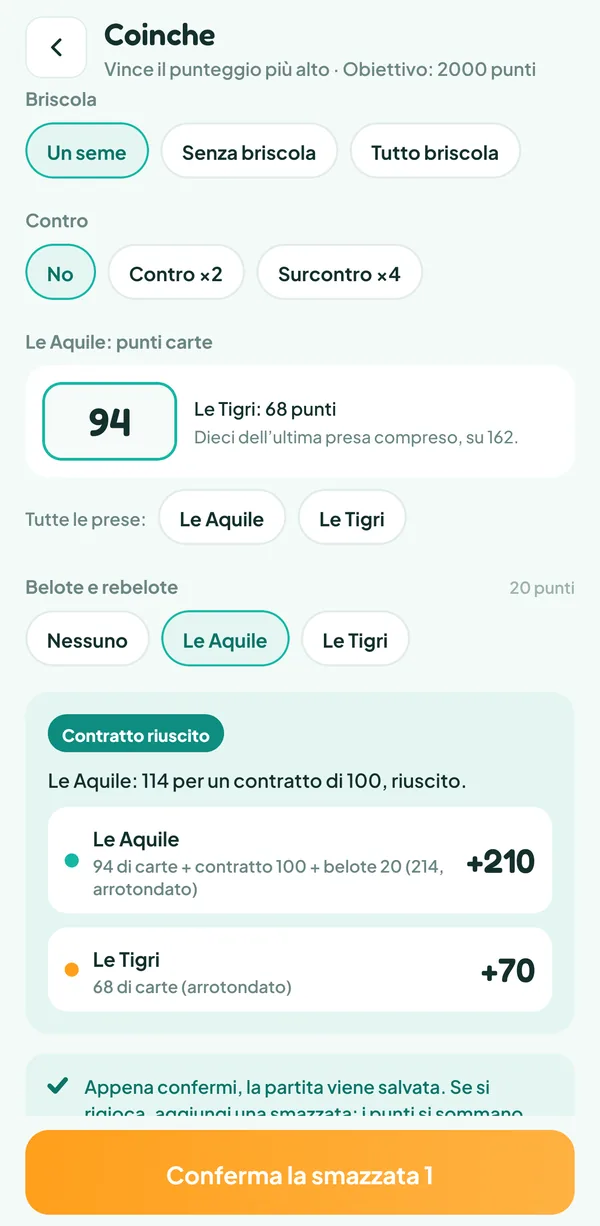 Schermata di Teamzy: contratto da 100 riuscito per le Aquile grazie alla belote, 210 punti contro 70 dopo l'arrotondamento