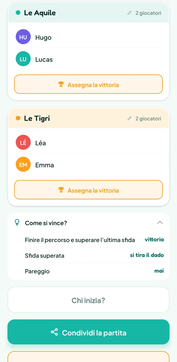 Schermata di Teamzy: l'aiuto "Come si vince?" di Cranium: "Finire il percorso e superare l'ultima sfida", vittoria; "Sfida superata", si tira il dado; "Pareggio", mai