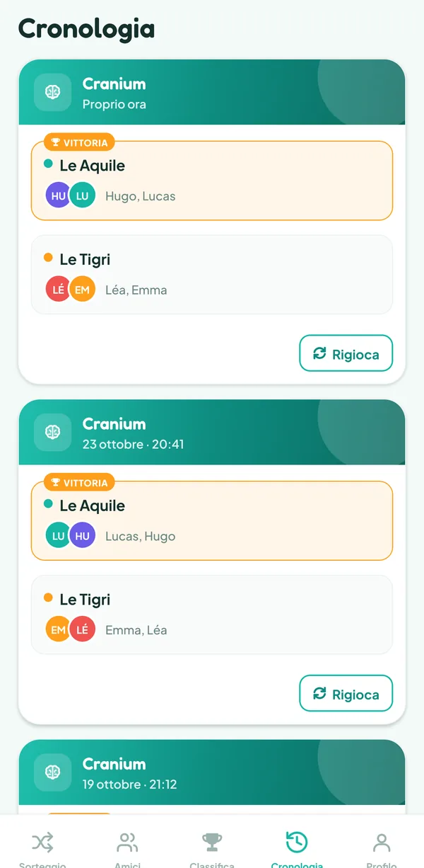 Schermata di Teamzy: la partita a Cranium nella cronologia, vinta dalle Aquile