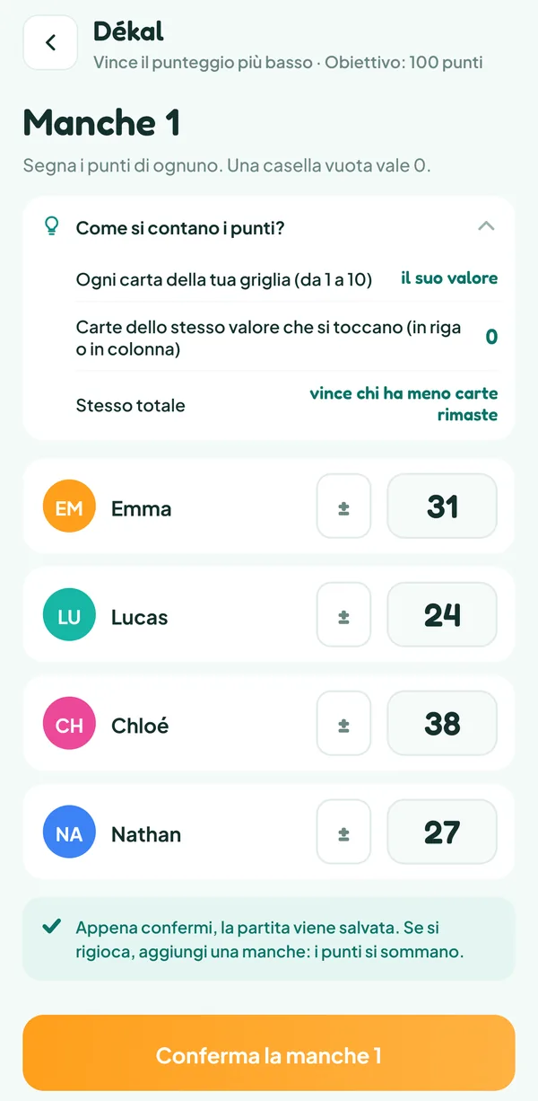 Schermata di Teamzy: inserimento della manche 1 di Dékal con l'aiuto "Come si contano i punti?" aperto (ogni carta della tua griglia, il suo valore; carte dello stesso valore che si toccano, 0; stesso totale, vince chi ha meno carte rimaste), Emma 31, Lucas 24, Chloé 38 e Nathan 27