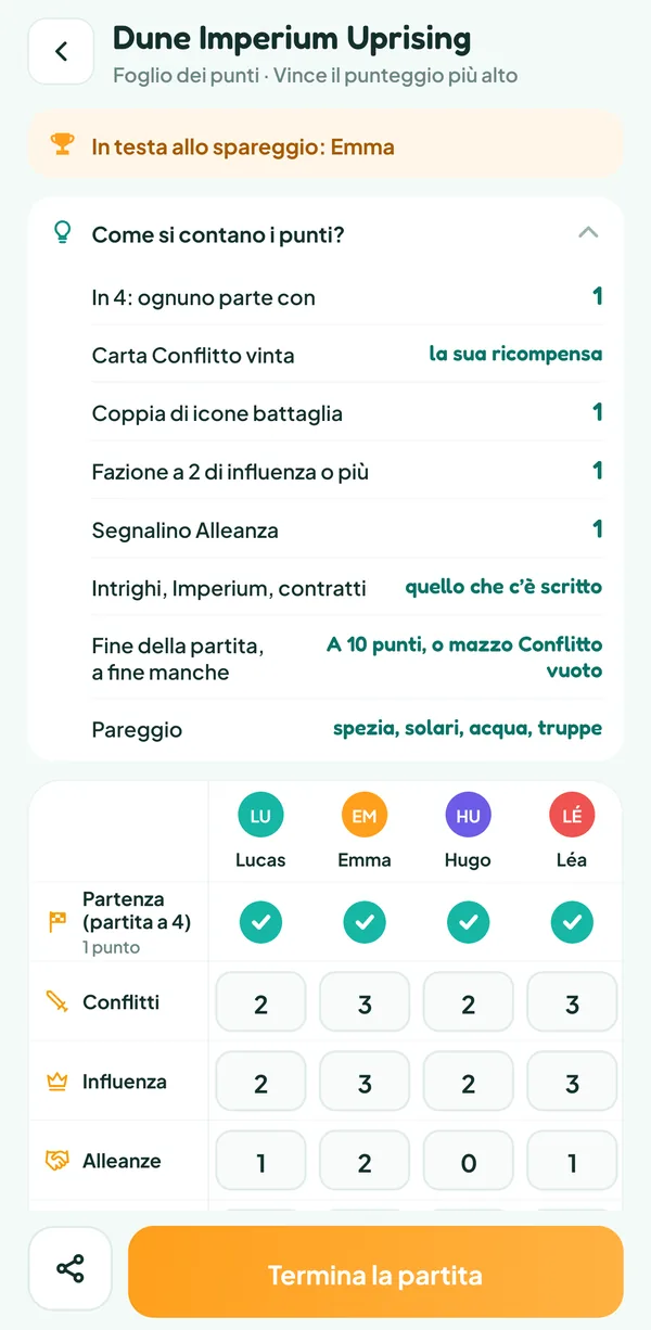 Schermata di Teamzy: l'aiuto "Come si contano i punti?" di Dune Imperium Uprising, con la fonte di ogni punto vittoria, la fine della partita e l'ordine dello spareggio
