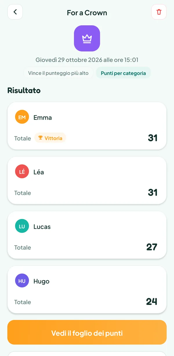 Schermata di Teamzy: la partita a For a Crown nella cronologia, vinta da Emma