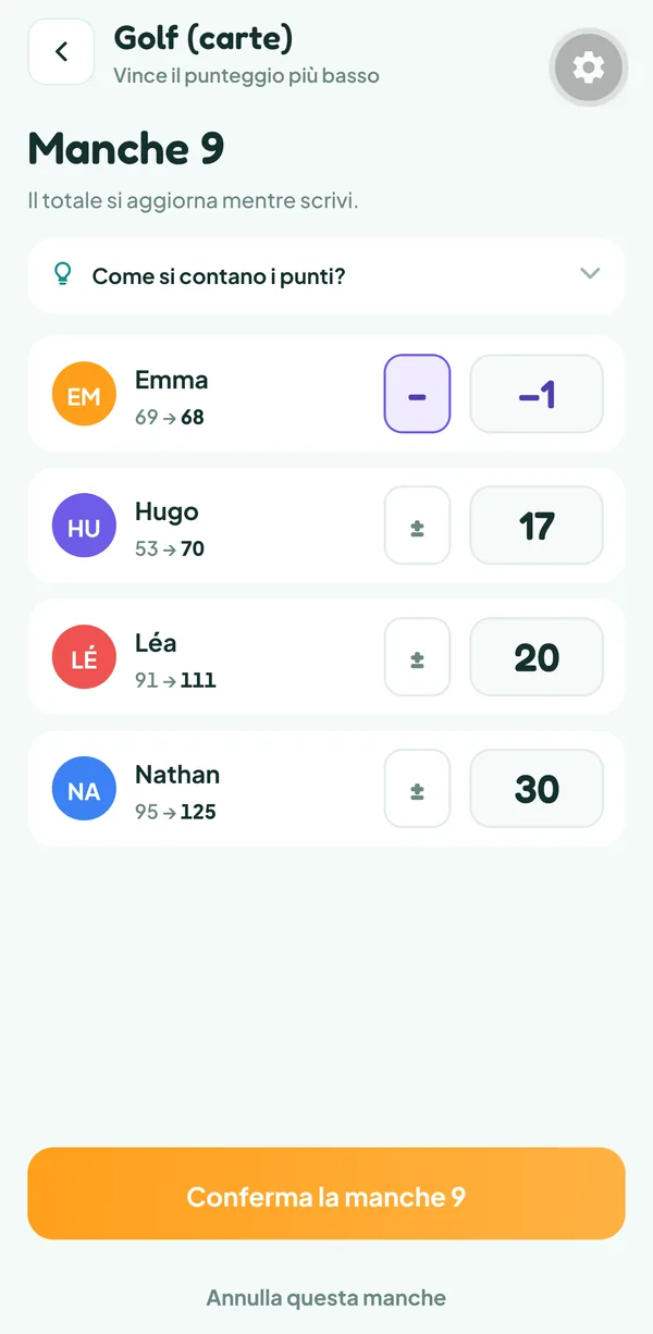 Schermata di Teamzy: la manche 9 di una partita a Golf (carte) in corso di inserimento, −1 per Emma, 17 per Hugo, 20 per Léa e 30 per Nathan