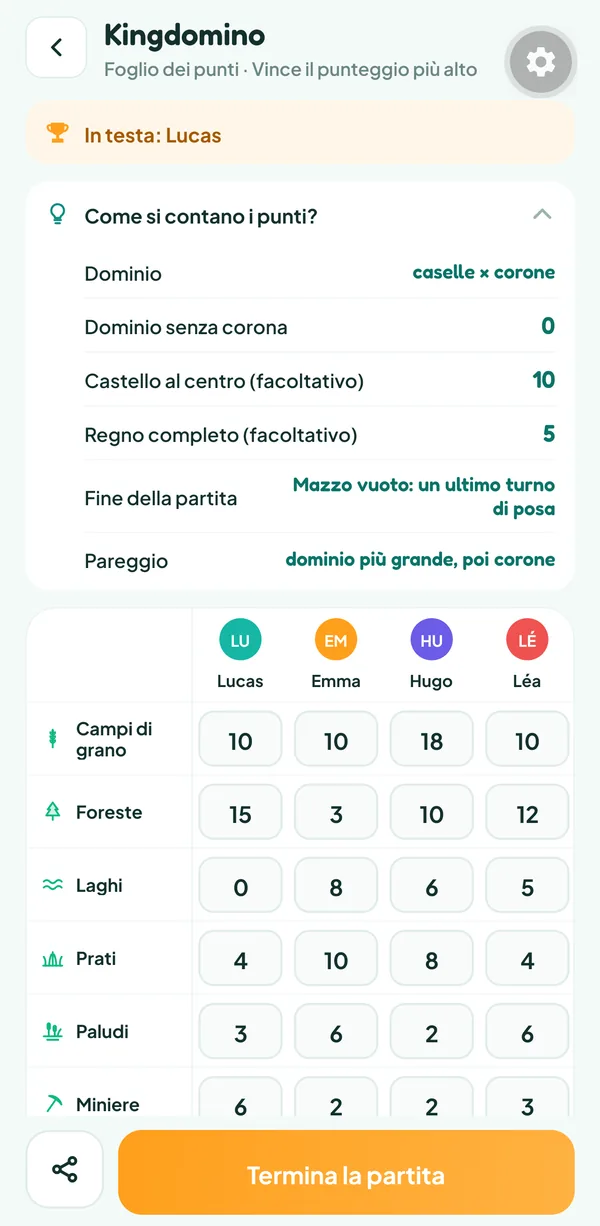 Schermata di Teamzy: l'aiuto "Come si contano i punti?" di Kingdomino, con il valore di un dominio, dei due bonus e dello spareggio