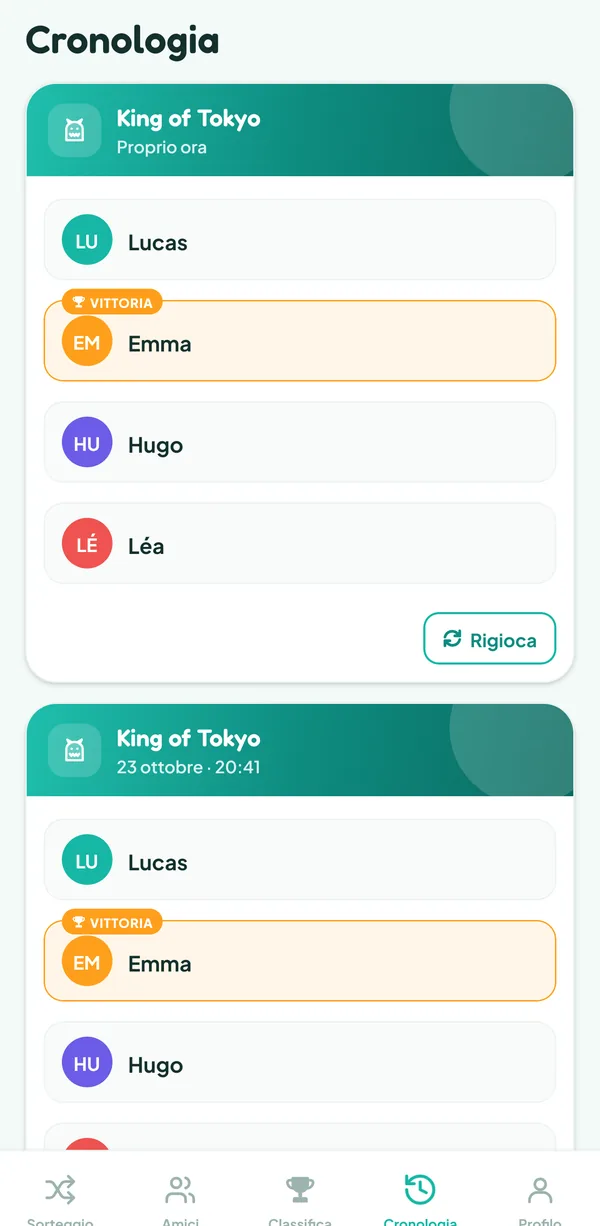 Schermata di Teamzy: la partita di King of Tokyo nella cronologia, vinta da Emma
