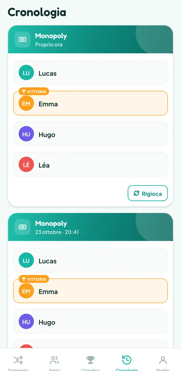 Schermata di Teamzy: la partita di Monopoly nella cronologia, vinta da Emma