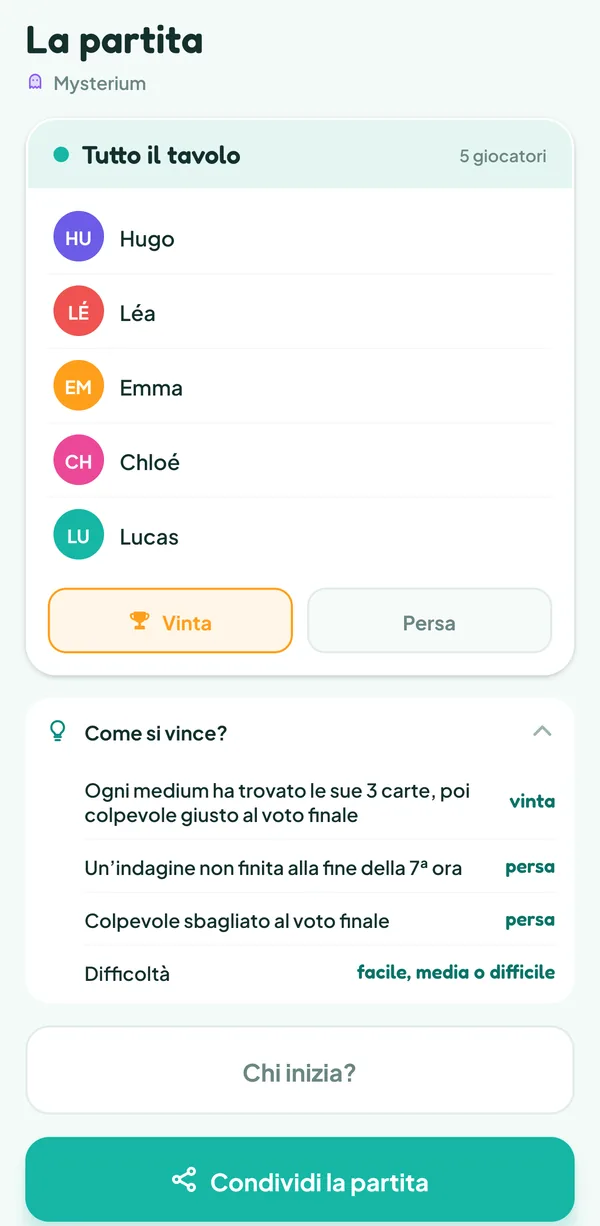Schermata di Teamzy: l'aiuto "Come si vince?" di Mysterium aperto: "Ogni medium ha trovato le sue 3 carte, poi colpevole giusto al voto finale: vinta", "Un’indagine non finita alla fine della 7ª ora: persa", "Colpevole sbagliato al voto finale: persa", "Difficoltà: facile, media o difficile"
