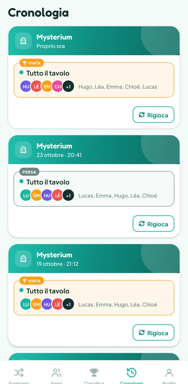 Schermata di Teamzy: la cronologia, la partita a Mysterium vinta "Proprio ora" in alto, con le etichette Vinta e Tutto il tavolo, poi una partita persa e una vinta