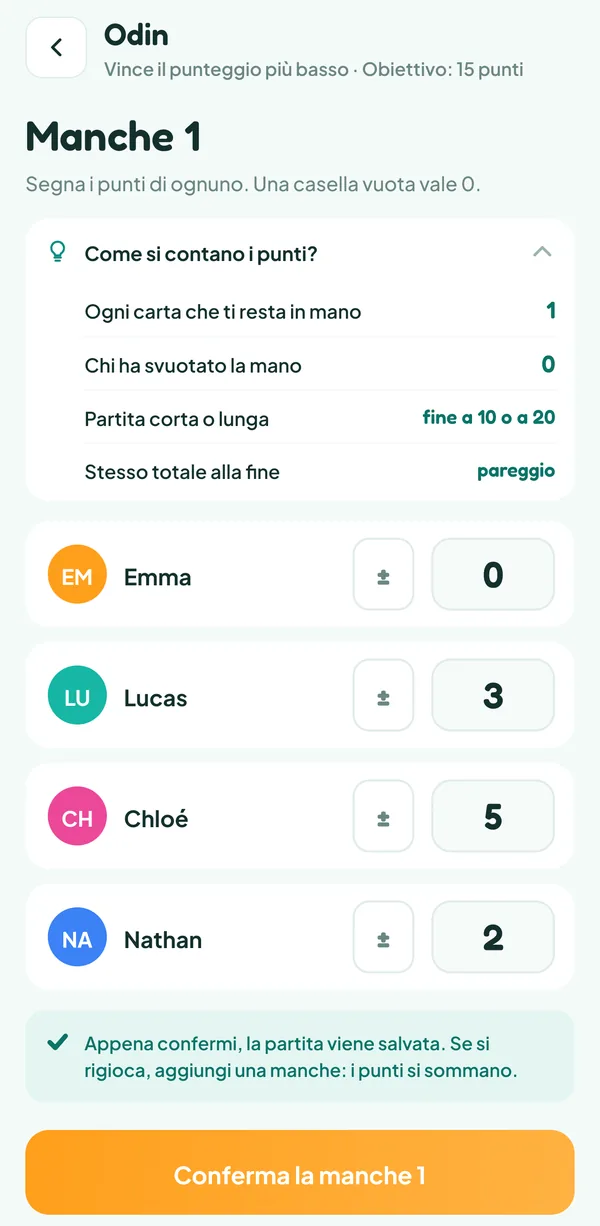 Schermata di Teamzy: inserimento della manche 1 di Odin con l'aiuto «Come si contano i punti?» aperto (ogni carta che ti resta in mano, 1; chi ha svuotato la mano, 0; partita corta o lunga, fine a 10 o a 20; stesso totale alla fine, pareggio), Emma 0, Lucas 3, Chloé 5 e Nathan 2