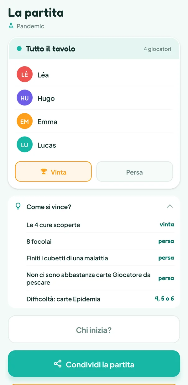 Schermata di Teamzy: l'aiuto "Come si vince?" di Pandemic: le 4 cure scoperte danno la vittoria; 8 focolai, niente cubi o niente carte Giocatore danno la sconfitta; difficoltà con 4, 5 o 6 carte Epidemia