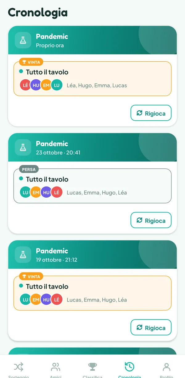 Schermata di Teamzy: la partita a Pandemic nella cronologia, vinta da tutto il tavolo