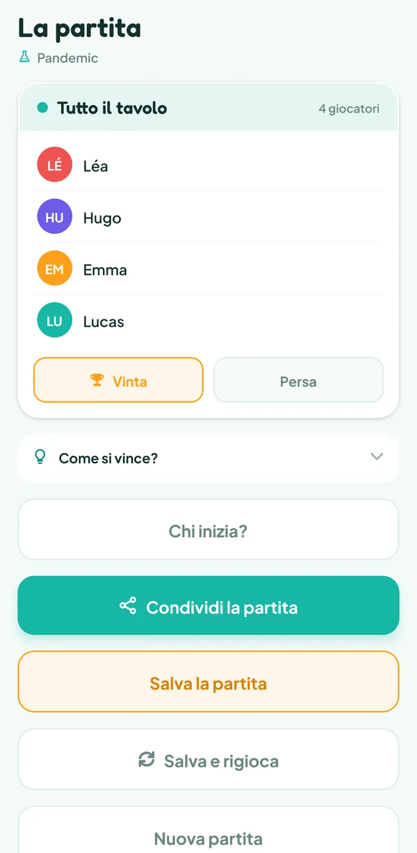 Schermata di Teamzy: la fine di una partita a Pandemic, "Tutto il tavolo" con i suoi quattro giocatori, i pulsanti Vinta e Persa, e sotto Salva la partita e "Salva e rigioca"