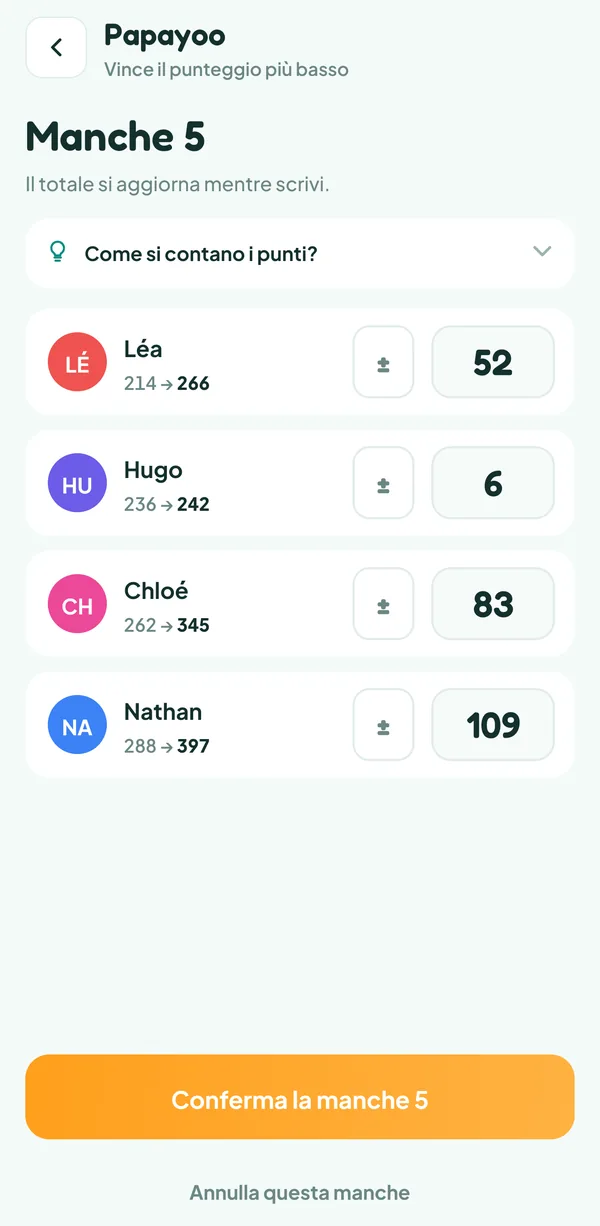 Schermata di Teamzy: la manche 5 di una partita a Papayoo in corso di inserimento, 52 punti per Léa, 6 per Hugo, 83 per Chloé e 109 per Nathan