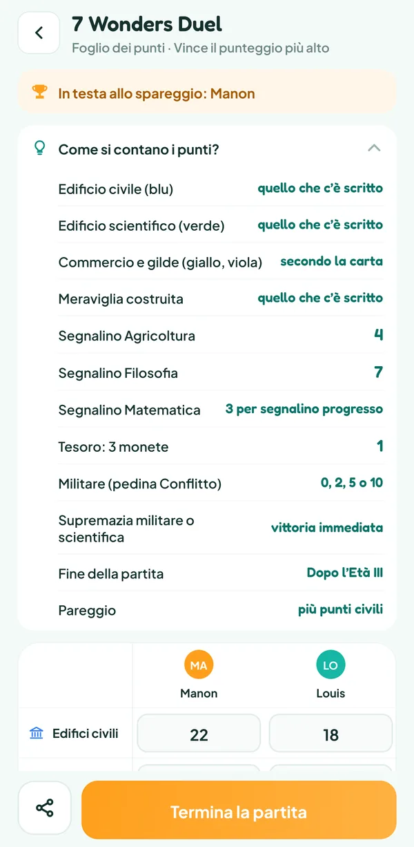 Schermata di Teamzy: l'aiuto "Come si contano i punti?" di 7 Wonders Duel, con i punti di ogni categoria e la vittoria immediata