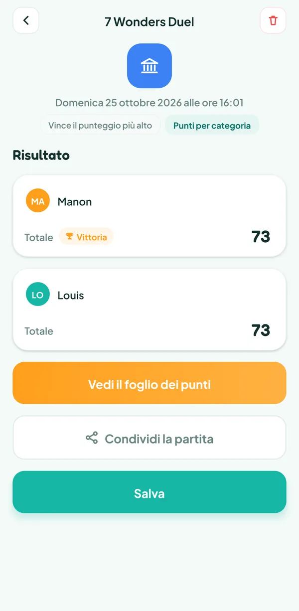 Schermata di Teamzy: il risultato della partita a 7 Wonders Duel, Manon vince allo spareggio, in parità con Louis a 73 punti