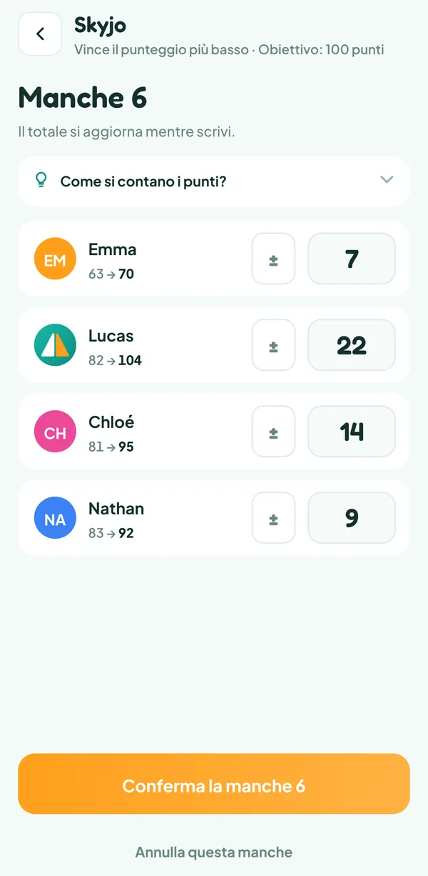 Schermata di Teamzy: inserimento della manche 6 di Skyjo, Lucas ha chiuso con 11 punti, raddoppiati a 22, e arriva a 104