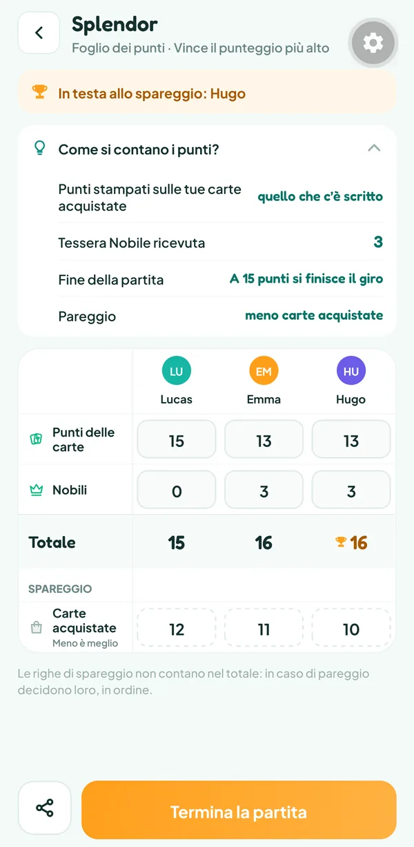 Schermata di Teamzy: l'aiuto "Come si contano i punti?" di Splendor, con i punti delle carte, il valore di un nobile, la fine a 15 punti e il pareggio