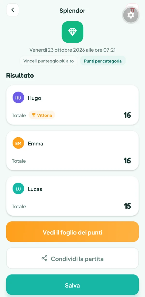 Schermata di Teamzy: la partita di Splendor nella cronologia, vinta da Hugo
