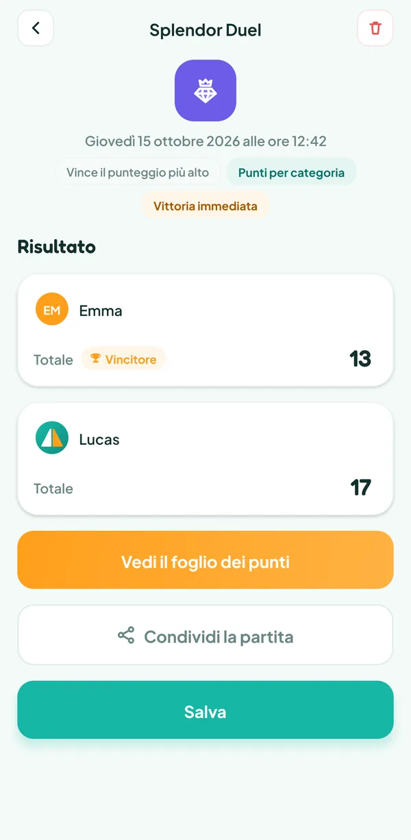 Schermata di Teamzy: la partita di Splendor Duel nella cronologia, vinta da Emma per vittoria immediata