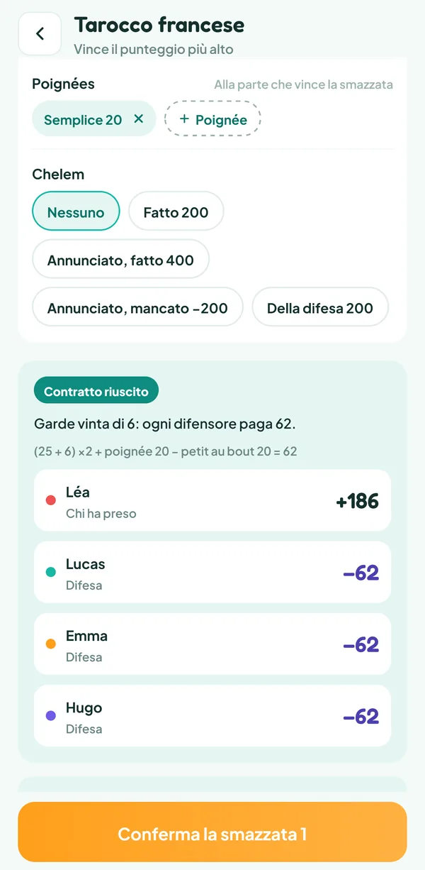 Schermata di Teamzy: la garde di Léa vinta di 6, +186 per lei e −62 per ogni difensore