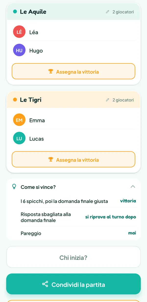 Schermata di Teamzy: l'aiuto "Come si vince?" di Trivial Pursuit: "I 6 spicchi, poi la domanda finale giusta", vittoria; "Risposta sbagliata alla domanda finale", si riprova al turno dopo; "Pareggio", mai