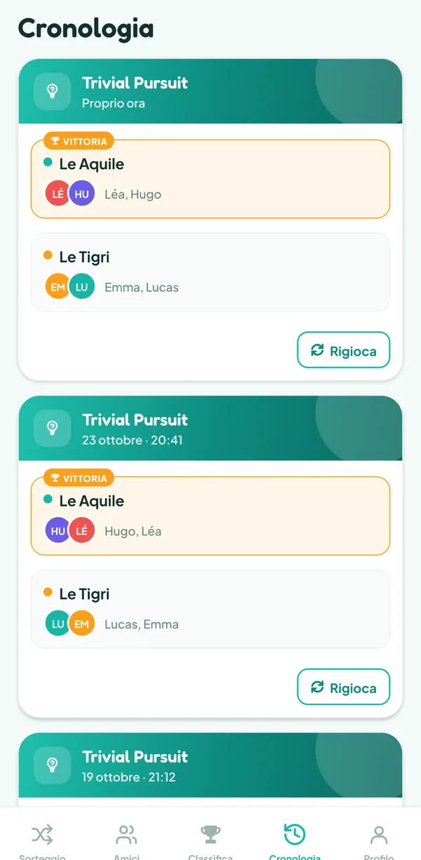 Schermata di Teamzy: la partita a Trivial Pursuit nella cronologia, vinta dalle Aquile