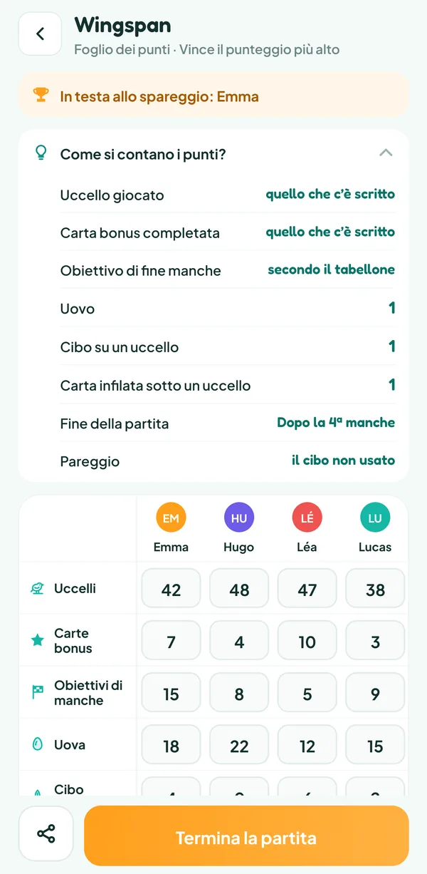 Schermata di Teamzy: l'aiuto "Come si contano i punti?" di Wingspan, con il valore di uccelli, carte bonus, obiettivi, uova, cibo e carte infilate