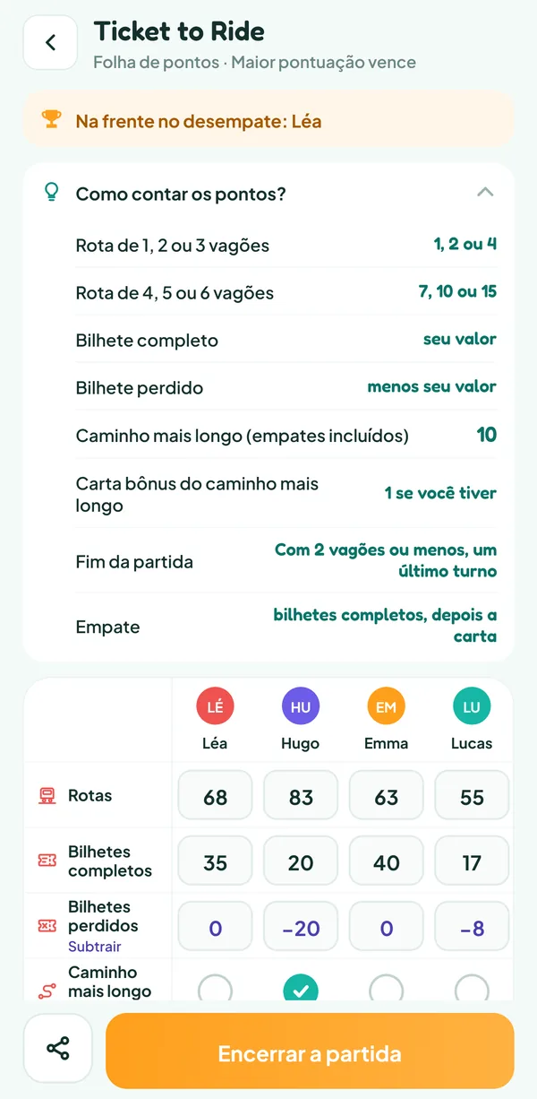 Tela do Teamzy: a ajuda "Como contar os pontos?" do Ticket to Ride, com o valor das rotas, dos bilhetes e do caminho mais longo