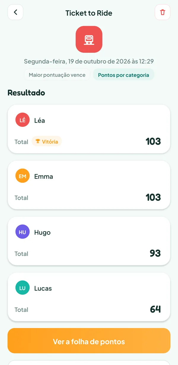 Tela do Teamzy: a partida de Ticket to Ride no histórico, vencida por Léa